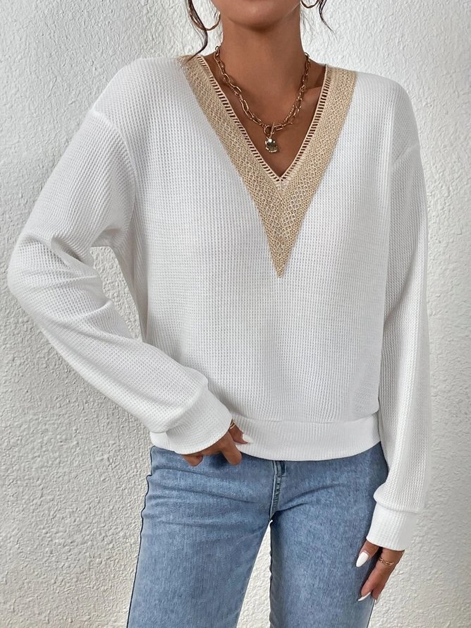 Damen Lässig Unifarben Herbst V-Ausschnitt Mikroelastizität Täglich Weit Langarm Regelmäßig Blusen & Shirts