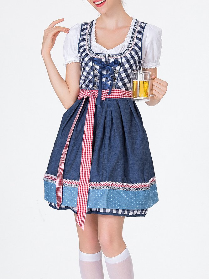 Dirndl Oktoberfest Damen Geometrisch Lässig Sommer Polyester Nein Elastizität Täglich Kurzarm X-Linie Regelmäßig Kleider