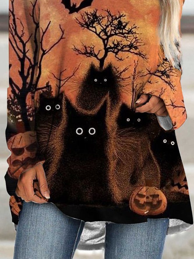 Damen Lässig Herbst Halloween Weit Langarm Rundhals Mittellang Regelmäßig Mittel Elastizität T-Shirt