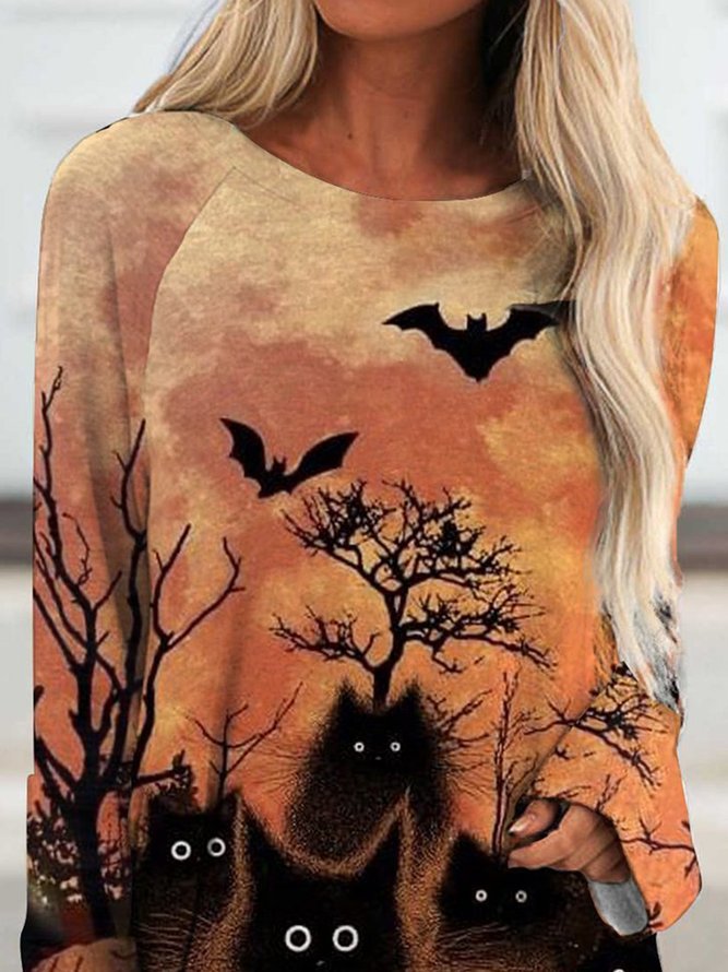 Damen Lässig Herbst Halloween Weit Langarm Rundhals Mittellang Regelmäßig Mittel Elastizität T-Shirt
