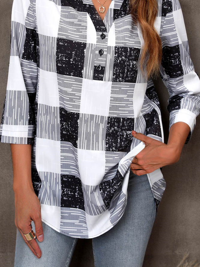 Lässig Kariert Herbst Polyester V-Ausschnitt Leicht Täglich 3/4 Ärmel H-Linie Bluse für Damen