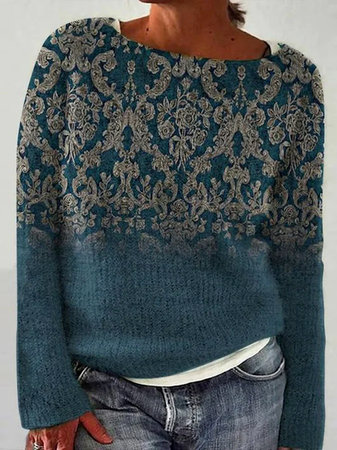 Böhmisch Ethnisch Herbst Täglich Weit Langarm Stricken Regelmäßig H-Linie Pullover für Damen
