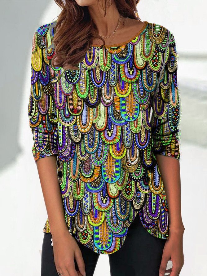 Lässig Geometrisch Überall Print Rundhals Stricken Langarm Bluse
