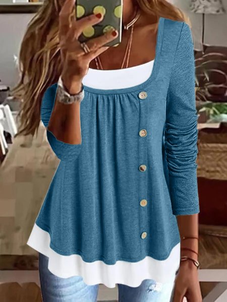 Lässig Unifarben Knopfverzierung Lange Ärmel Gestrickt Bluse