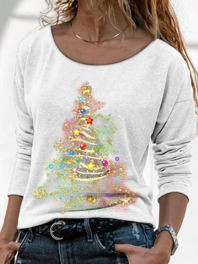 Lässig Rundhals Weihnachten Baum Oberteile T-Shirt Damen