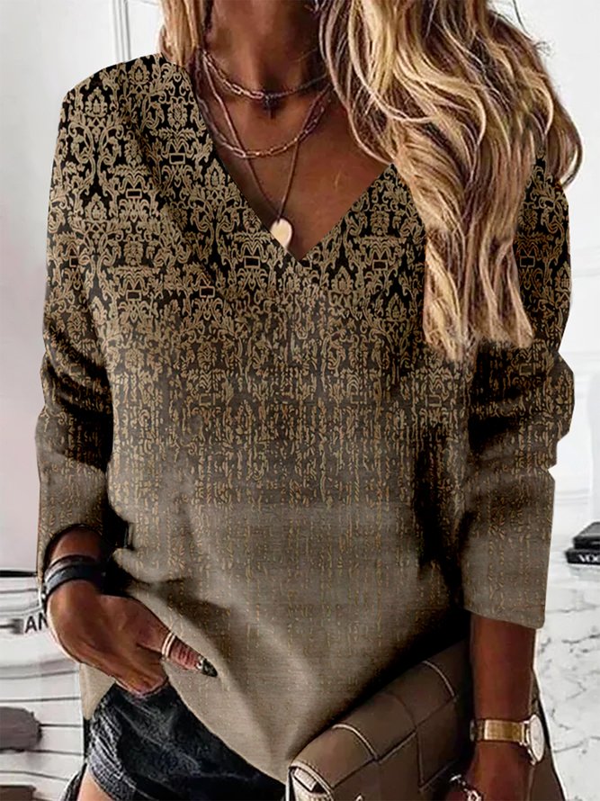 Ethnisch Langarm V-Ausschnitt Lässig Sweatshirt