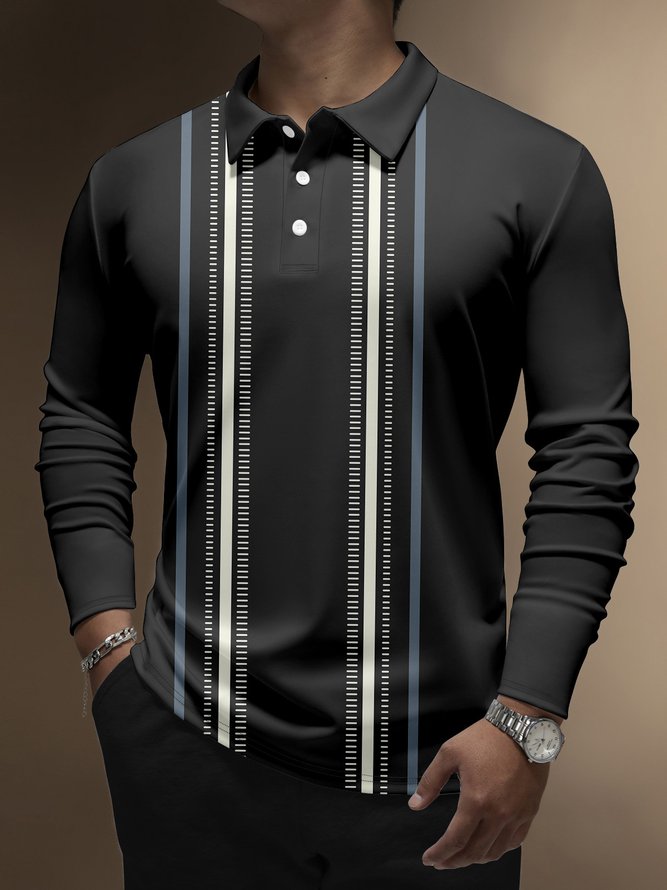 Lässig Kunst Sammlung Geometrisch Streifen Farbe Blockierung Revers Knopf Langarm Bedrucktes Poloshirt