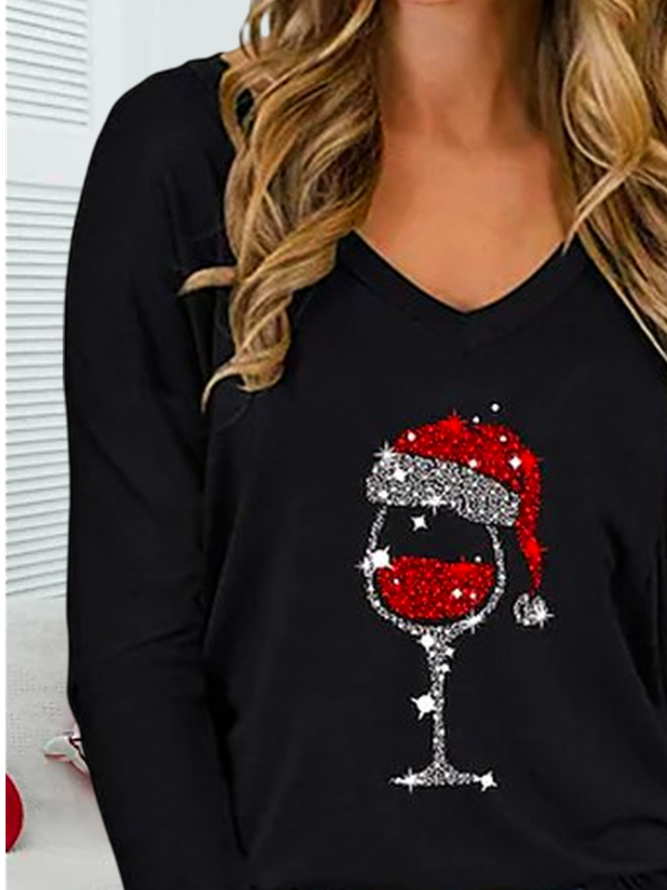 Weihnachten V-Ausschnitt Weit Lässig T-Shirt