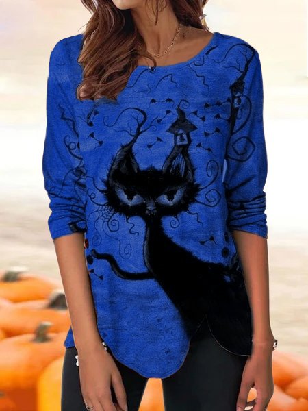 Lässig Herbst Katze Jersey Halloween Langarm H-Linie Regelmäßig Mittel Elastizität Blusen & Shirts für Damen