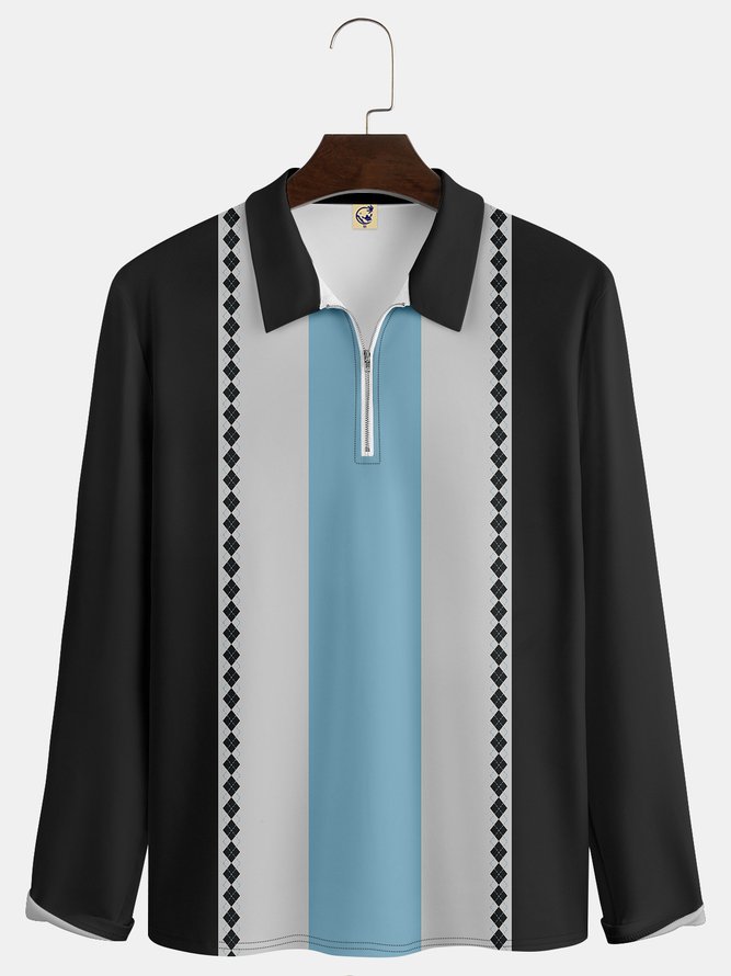 Herren Geometrisch Farbblock Print Knopf Geschäft Weich Langarm Poloshirt