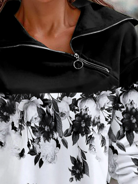 Schwarz und Weiß Geblümt Reißverschluss Übergröße Sweatshirt