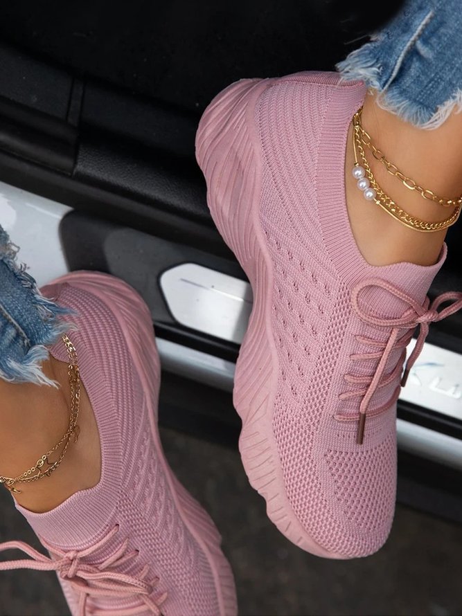 Laufschuhe damen Mesh Plateau unifarben Schnürung Flyknit leicht weich Sohle Slip-On
