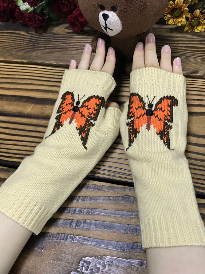 Orange Schmetterling Lang Warm Handschuhe Strick Hälfte Finger Handschuhe