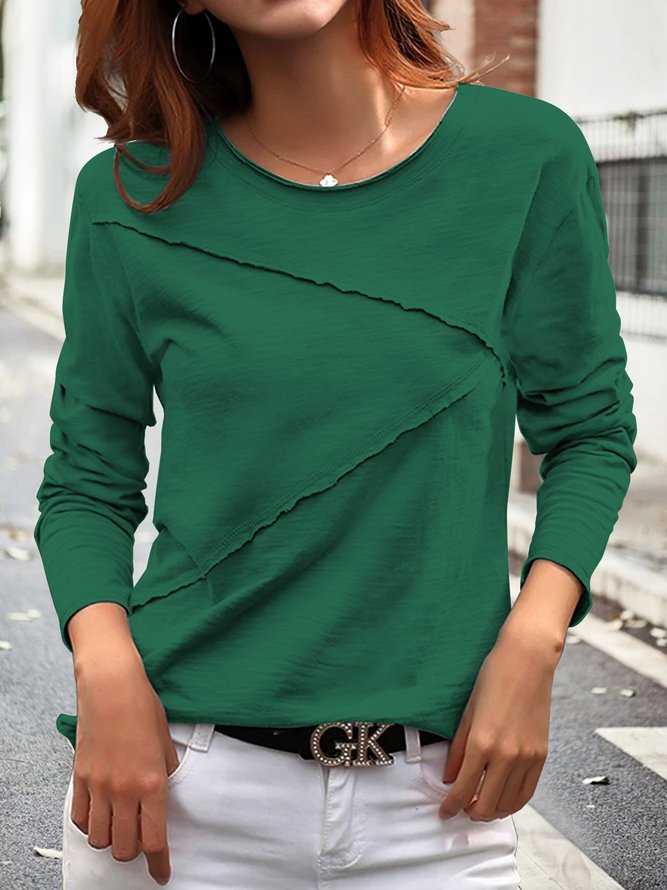 Damen Lässig Unifarben Herbst Nahtverarbeitung Regelmäßige Passform Pullover Rundhals Baumwollmischung Regelmäßig T-Shirt