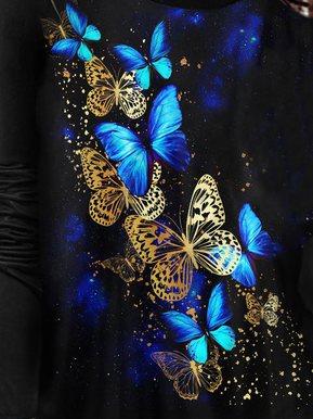 Lässig Schmetterling Print Rundhals T-Bluse Bedrucken