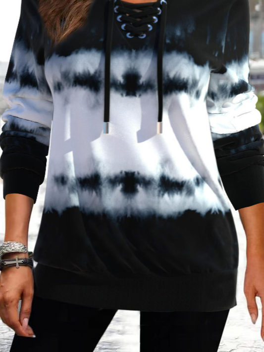 Lässig Schwarz Split Kragen Batik Print Sweatshirt