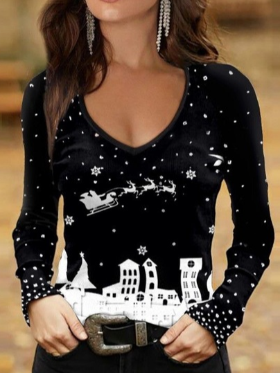 Weihnachten V-Ausschnitt Regelmäßige Passform Schneeflocke T-Bluse