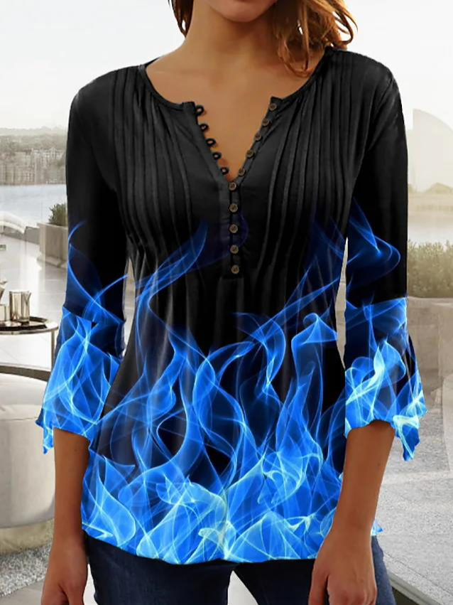 Damen T-Shirt T-Shirts Flamme Lässig Wochenende Malerei T-Shirt T-Shirts 3/4 Länge Ärmel Knopf Print Rundhals Basic Blau Print