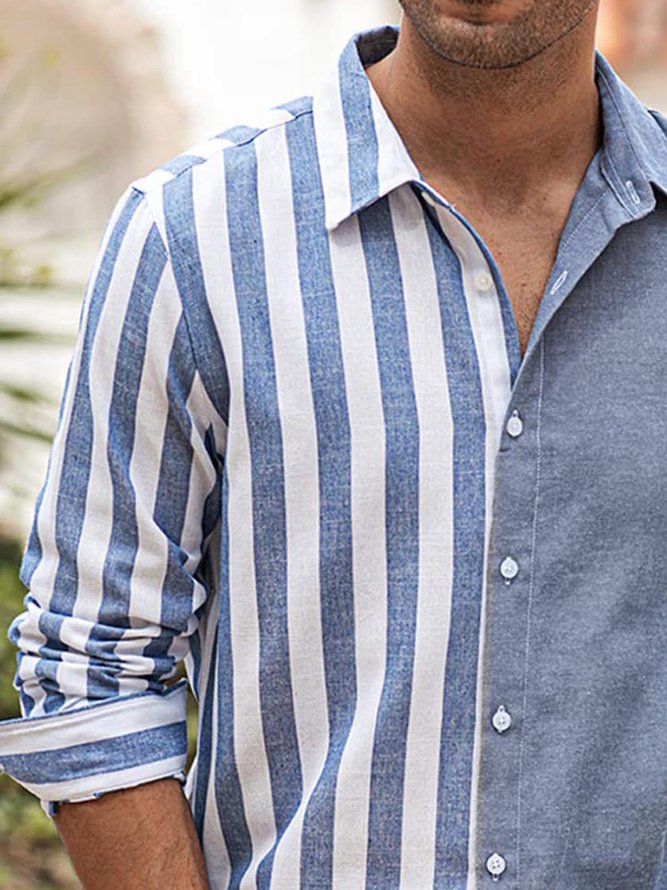 Gestreift Kontrast Farbe Langarm Bluse Lässig Stil Reverskragen Oberteile