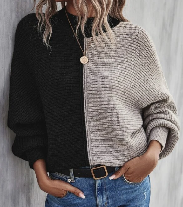 Unifarben kälter Block Zwei Ton Mock Neck Dolman Ärmel Pullover