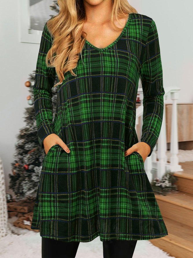 Weihnachten prüfen Print V-Kragen Weit Kleid