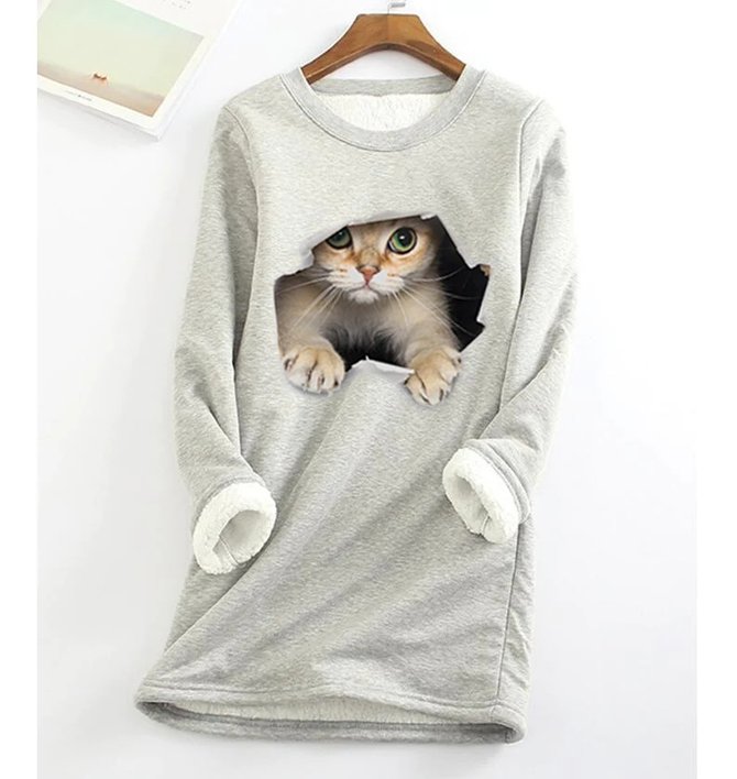 Rundhals Katze Lässig Wärme Sweatshirt