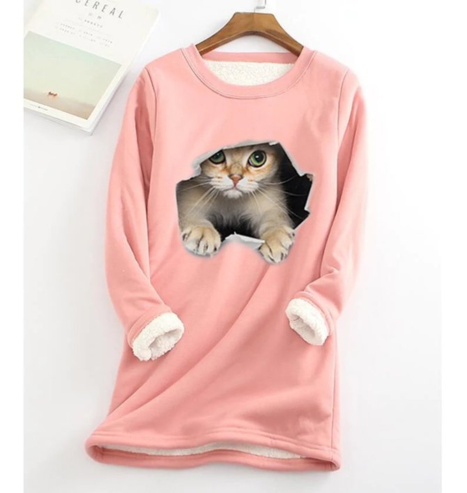 Rundhals Katze Lässig Wärme Sweatshirt