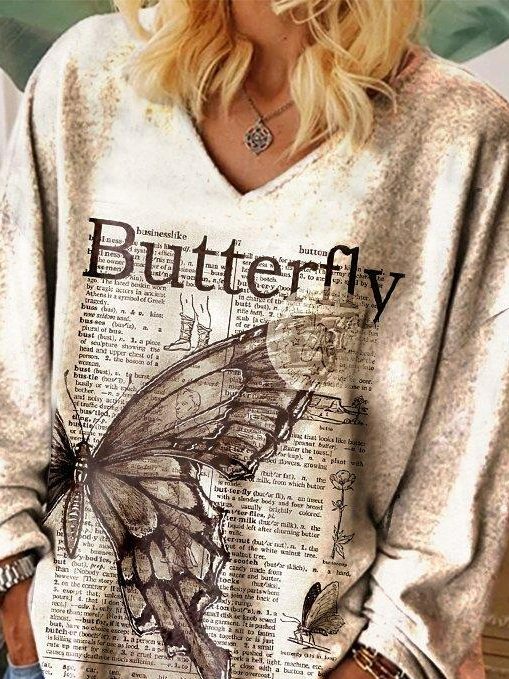 Lässig Retro Zeitungen Schmetterling Print Damen T-Bluse