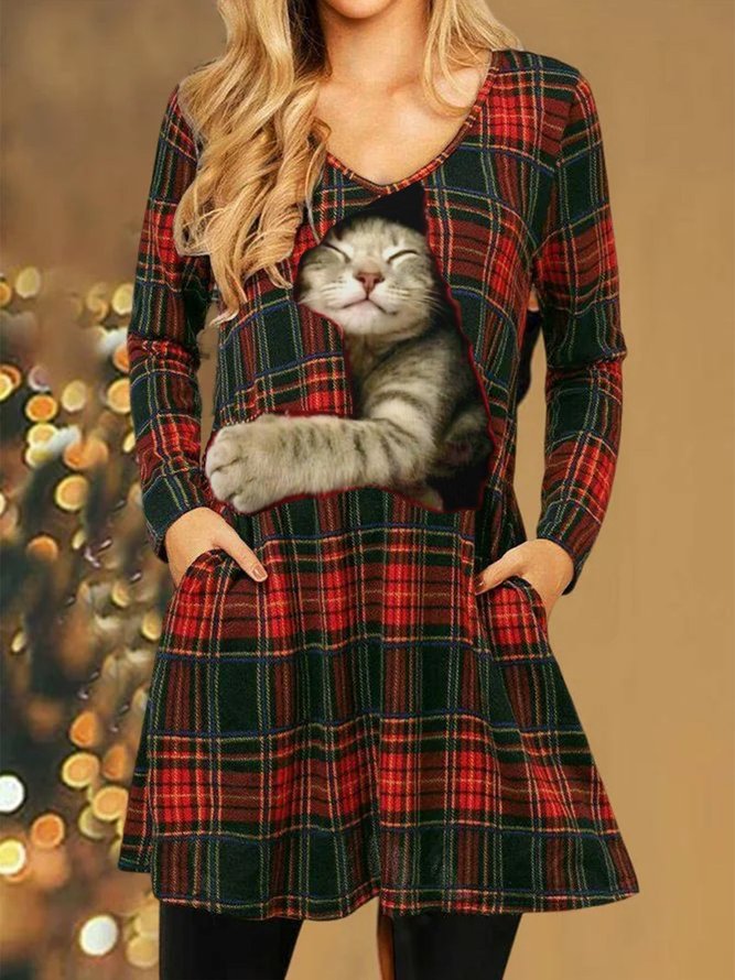 Weihnachten V-Ausschnitt Katze Freizeitkleid