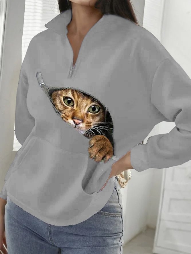 V-Ausschnitt Weit Katze Sweatshirt