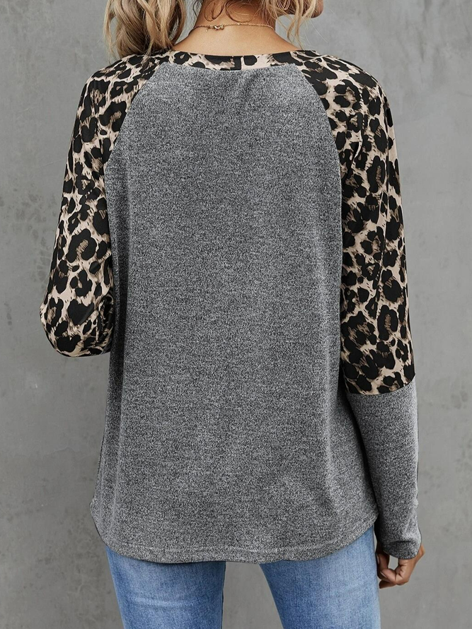 Lässig Kontrast Leopard Raglan Ärmel T-Shirts