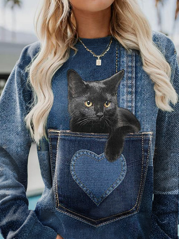 Weit Lässig Katze Rundhals Sweatshirt