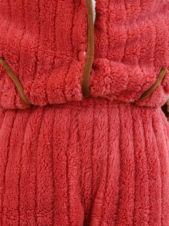 Farbblock Revers Korallenfarbe Vlies Zuhause Warm Weit Große Größen Pyjama Set