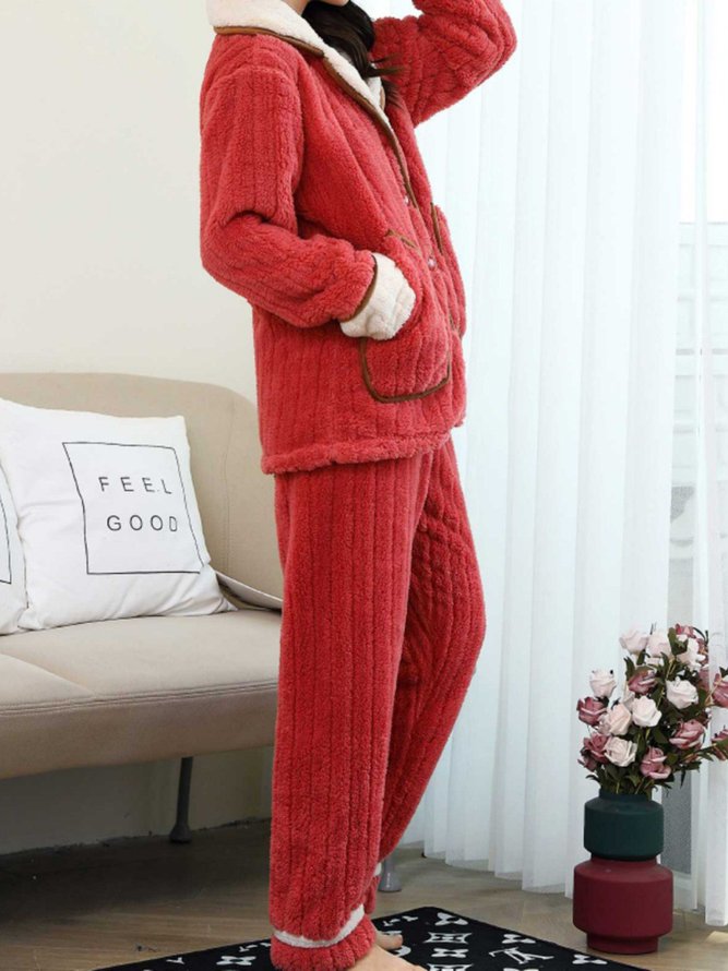 Farbblock Revers Korallenfarbe Vlies Zuhause Warm Weit Große Größen Pyjama Set