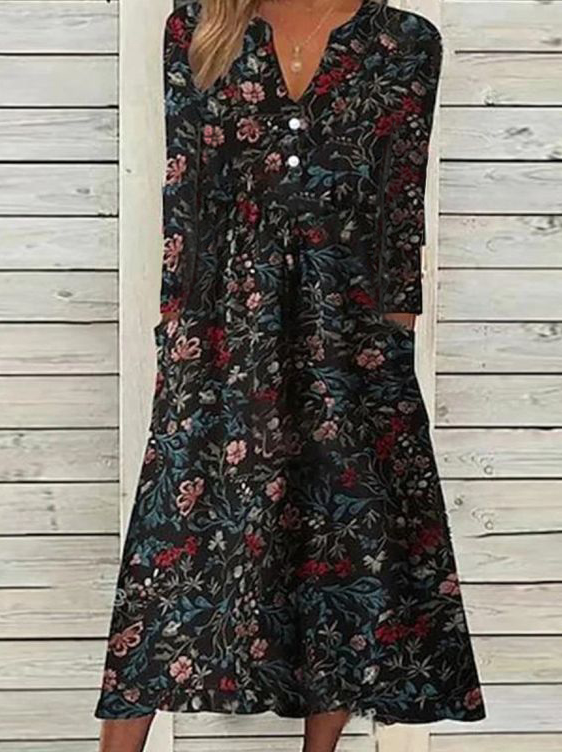 Geblümt Lässig V-Ausschnitt Weit Kleid