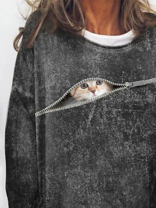 Rundhals Weit Katze Lässig Sweatshirt