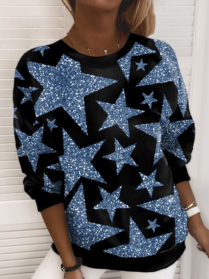 Geometrisch Stern Lässig Rundhals Regelmäßige Passform Sweatshirt