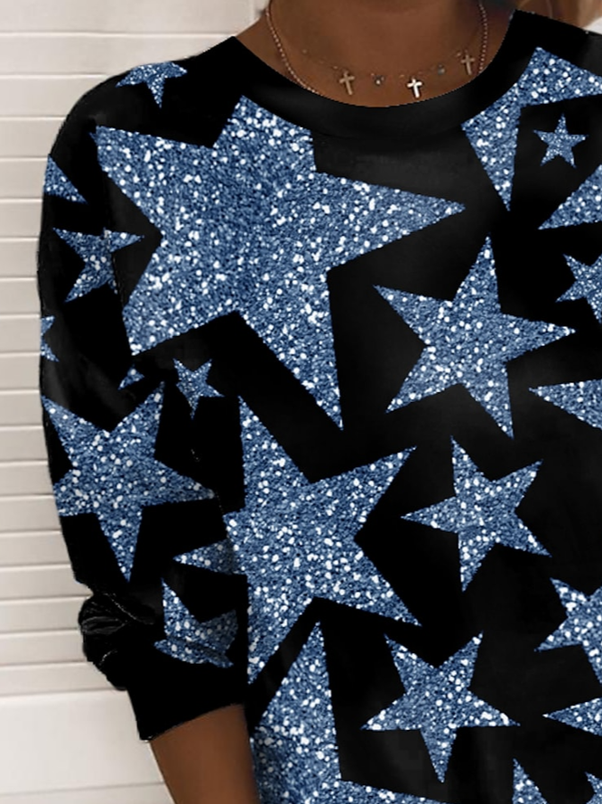 Geometrisch Stern Lässig Rundhals Regelmäßige Passform Sweatshirt