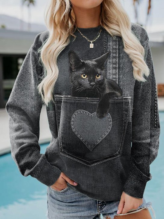 Weit Lässig Katze Rundhals Sweatshirt