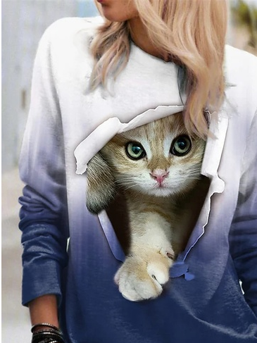 Weit Katze Rundhals Lässig Sweatshirt