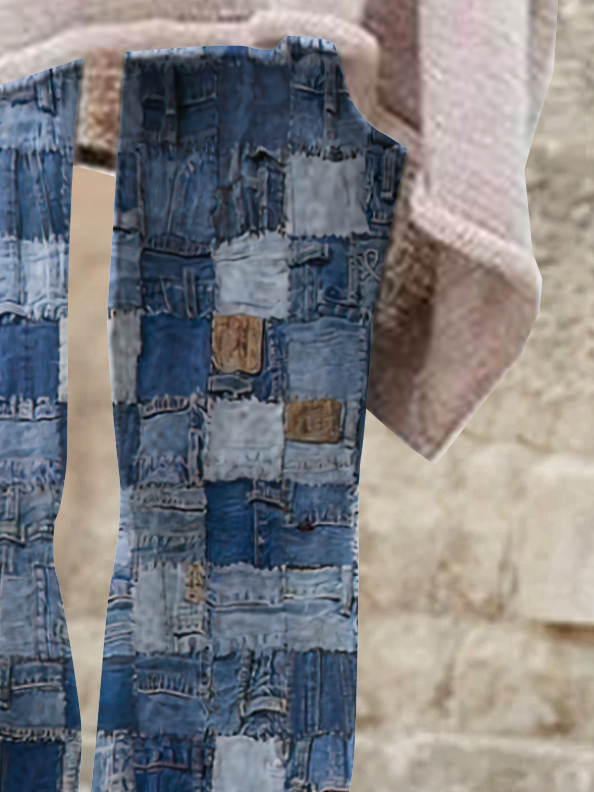 Denim-Paneeliert Print Strecken Leggings