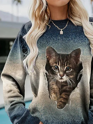 Farbverlauf Katze Rundhals Weit Sweatshirt