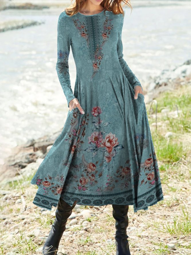 Böhmisch Rundhals Weit Geblümt Kleid