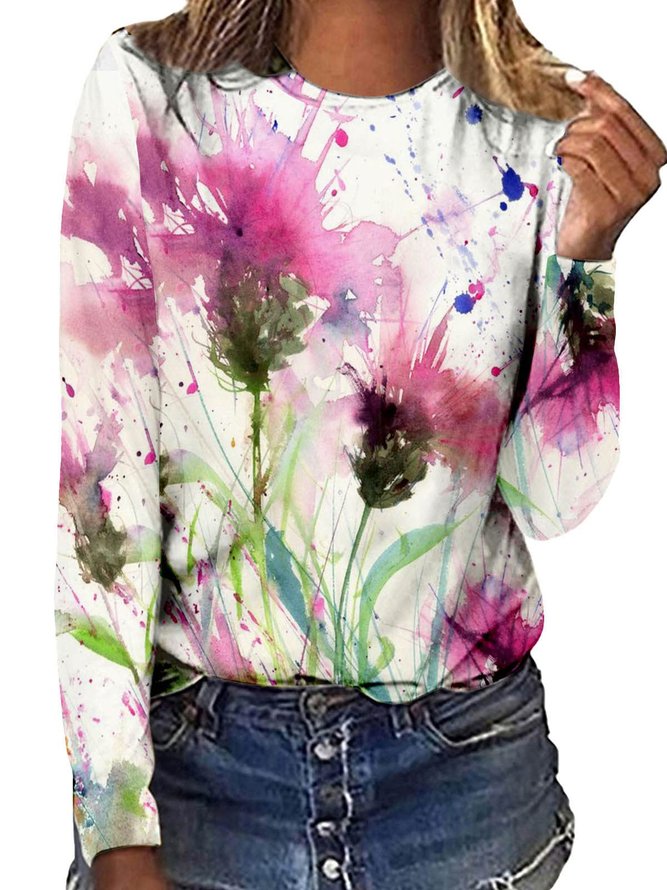 Lässig Geblümt Regelmäßige Passform T-Shirt