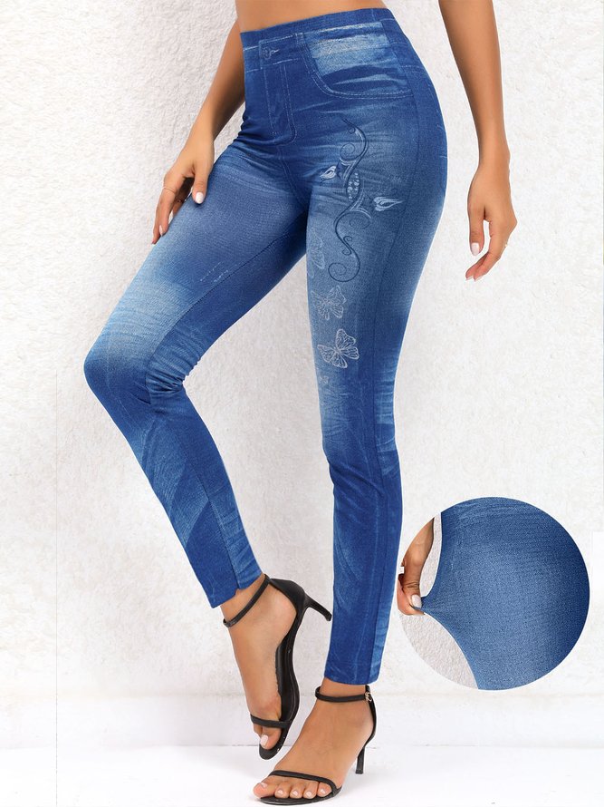 Schmetterling Print Denimblau Hoch Tailliert Leggings