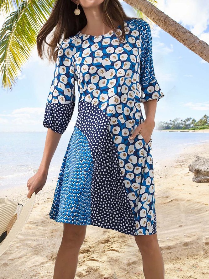 Weit Leopard Rundhals Urlaub Kleid