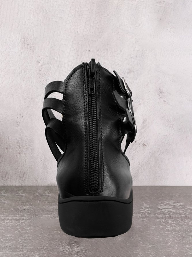Retro Schwarz Schnalle Dekor Bequem Sohle Flache Schuhe mit Reißverschluss hinten