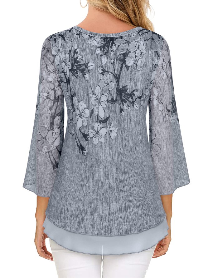 Geblümt Elegant Weit V-Ausschnitt Bluse