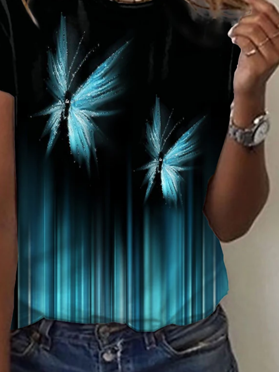 Baumwollmischung Rundhals Schmetterling Lässig T-Shirt
