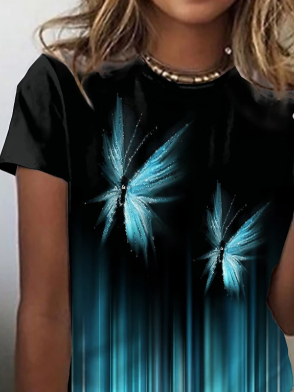 Baumwollmischung Rundhals Schmetterling Lässig T-Shirt